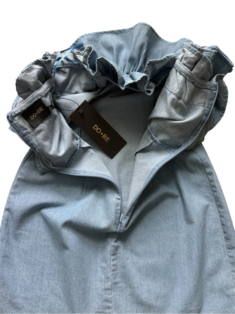 NWT! Denim Strapless Ruffle Light Wash Mini Dress Coastal Western Medium - Picture 6 of 7